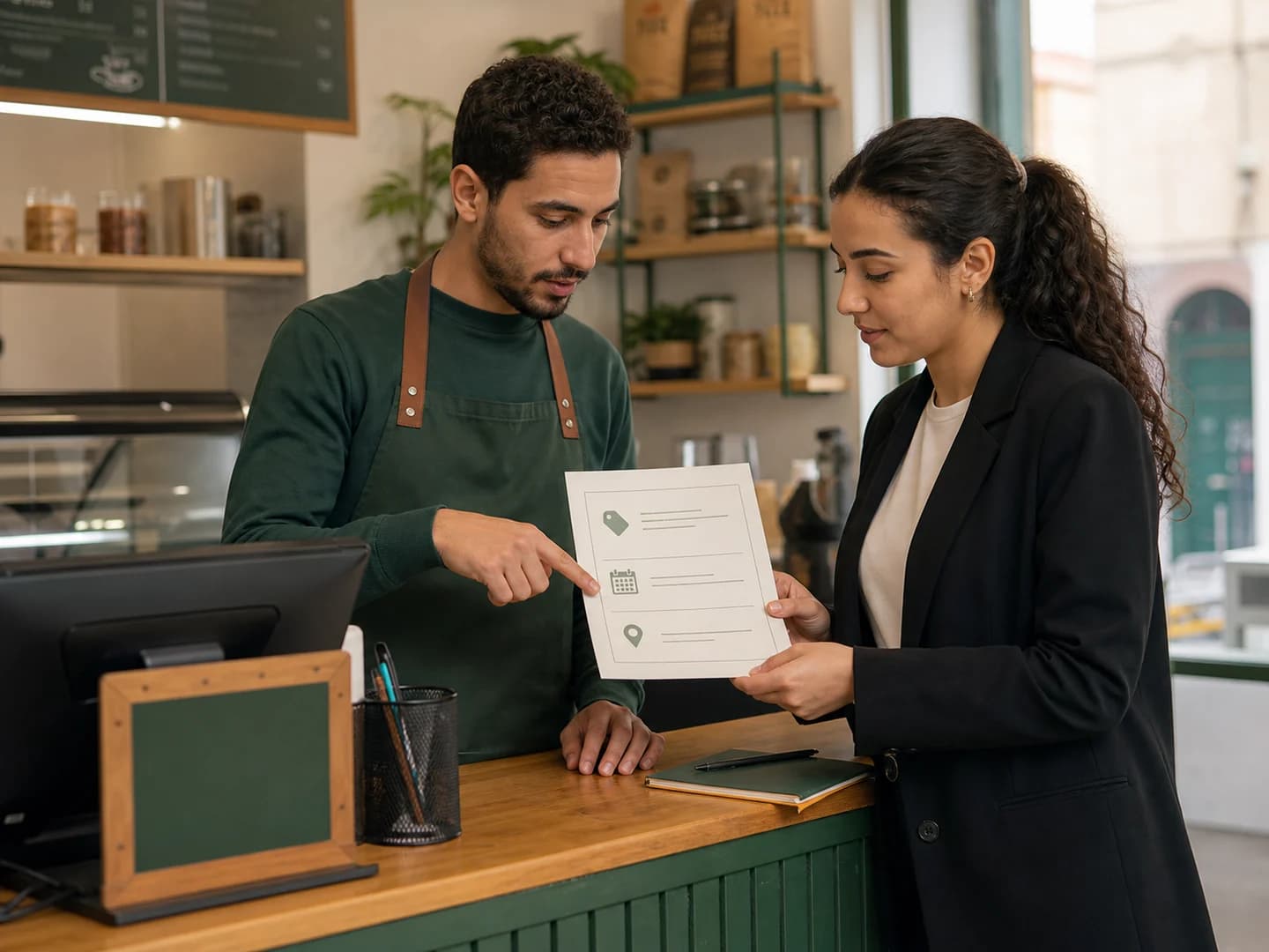 A local business owner and a LinkUp representative agreeing a student offer at the counter