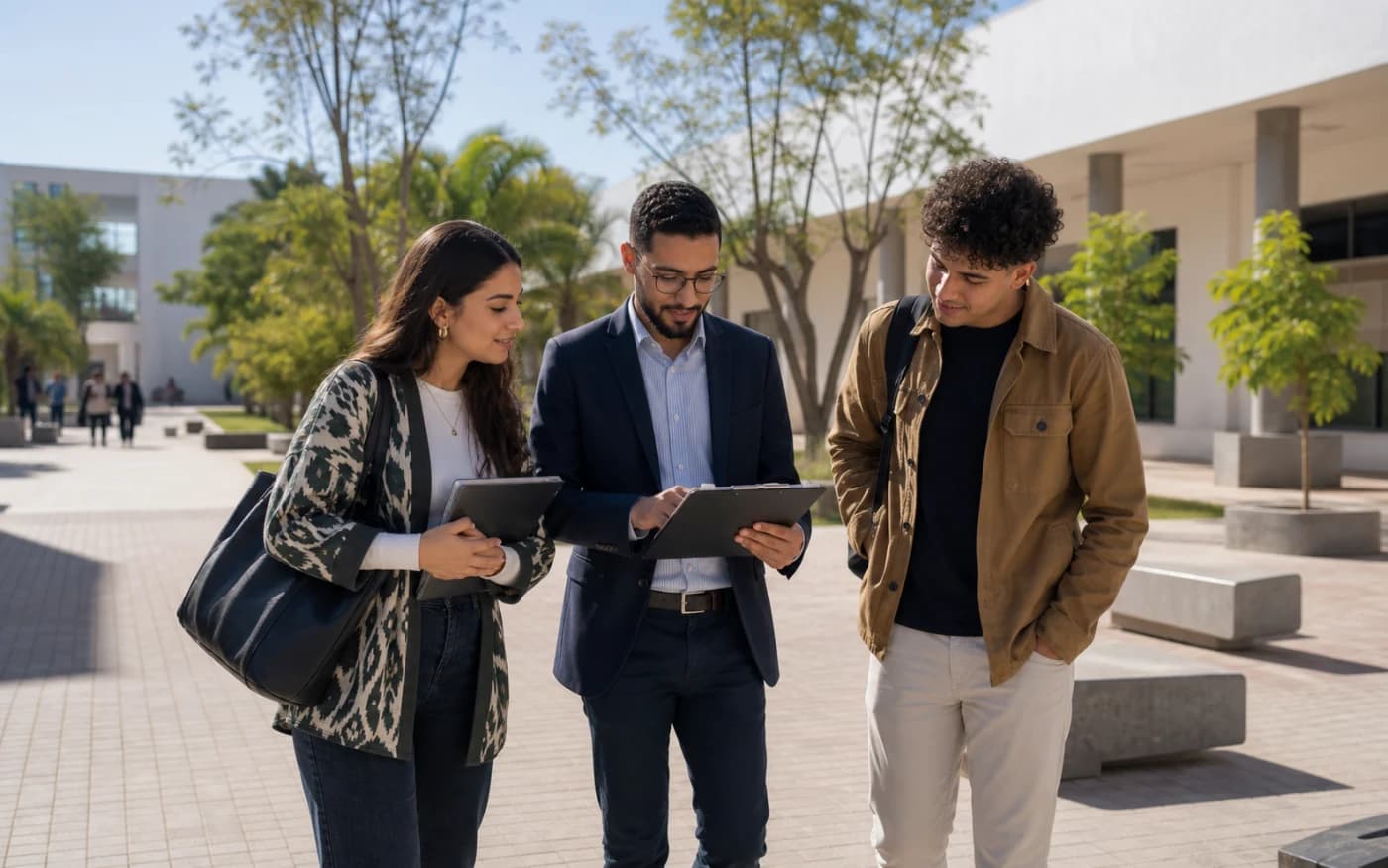 A university staff member walking through campus with student representatives while reviewing a pilot plan