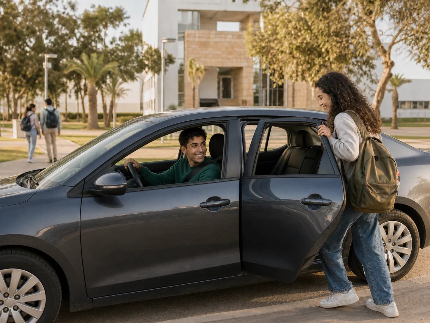 A student arranging a shared journey with another student beside a car