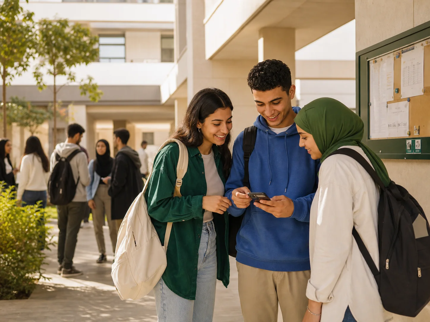 Three Moroccan university students checking a useful update together between classes