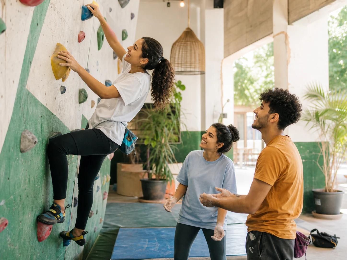 Moroccan university-age friends enjoying an indoor climbing activity