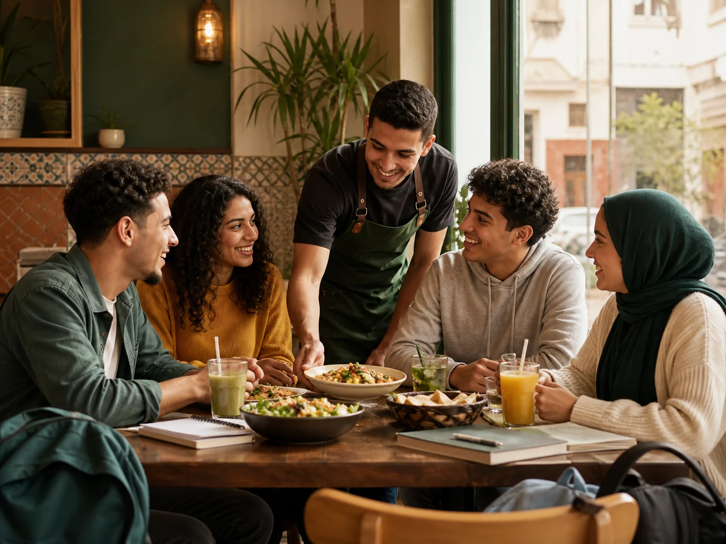 Moroccan university-age friends sharing lunch at a local cafe